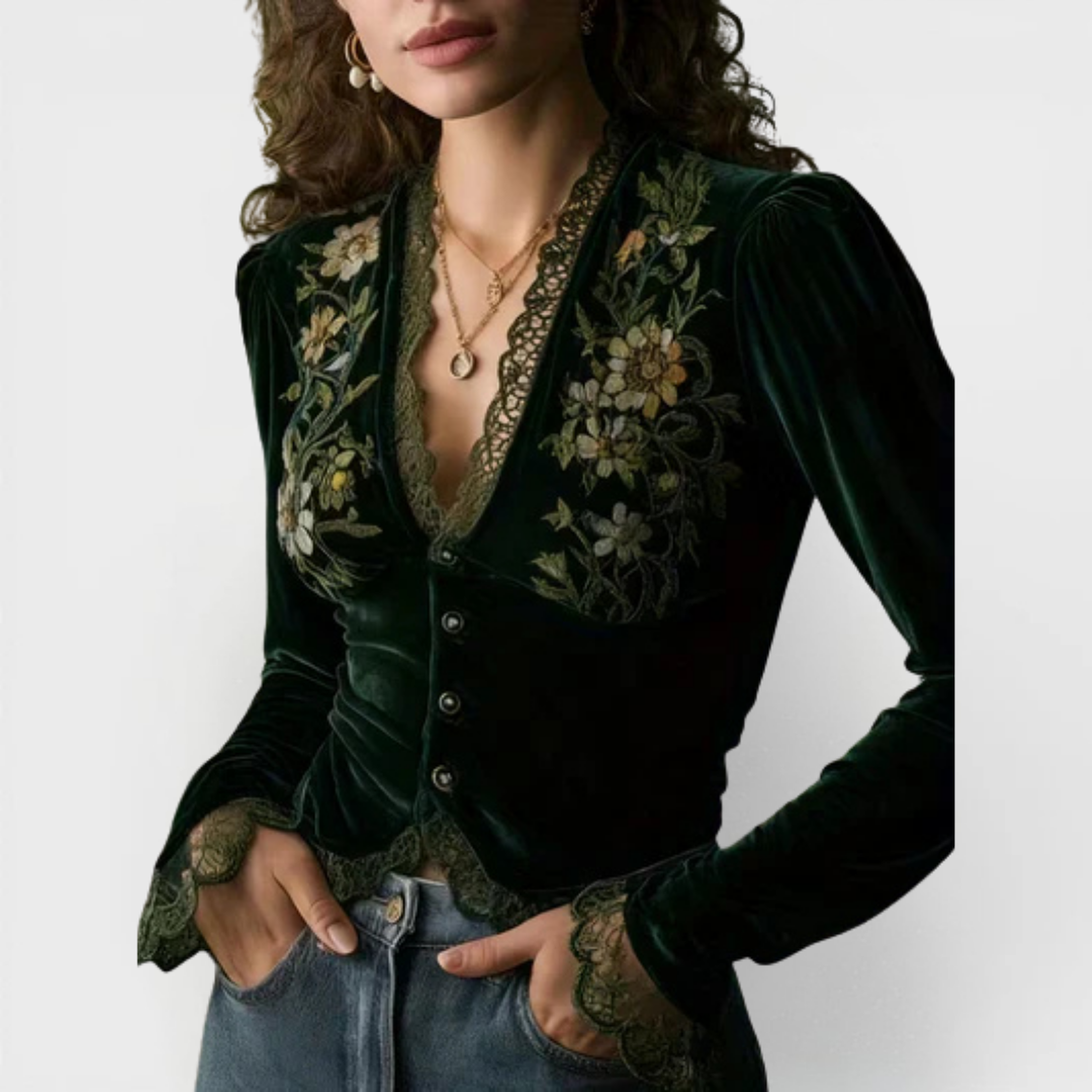 Nora | Long-Sleeve Velvet Blouse with Embroidered Flowers